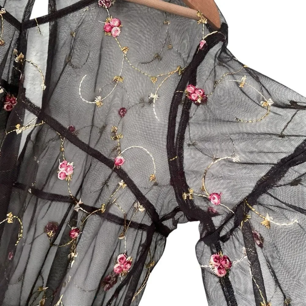 Gypsies & Moondust Black Sheer Mesh Floral Blouse in Size Large